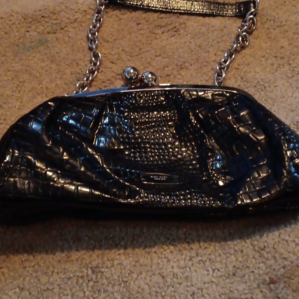 NINE WEST Black Croc-Embossed Clutch with Silver Chain